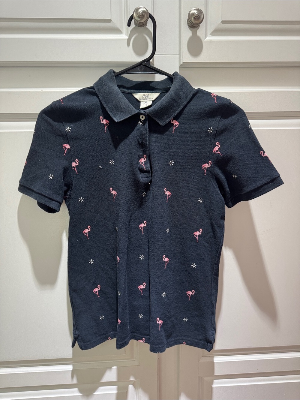 Brooks Brothers Navy Polo Shirt with Pink Flamingo Embroidery